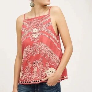 Anthropologie Embroidered Linen Blend Halter Top Womens Pink Excellent Boho Sz 2